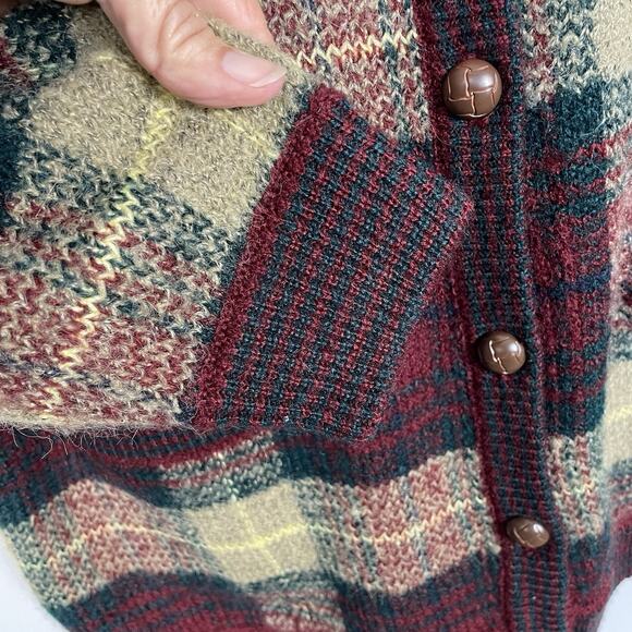 VTG 80s Grandpa Sweater Cardigan Size L Burgundy Plaid Wool Blend Leather Button - Picture 9 of 11